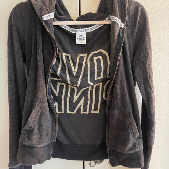 PINK Victoria’s Secret Gold Sequin Bling Black Velour Zip-Up - Picture 10 of 11